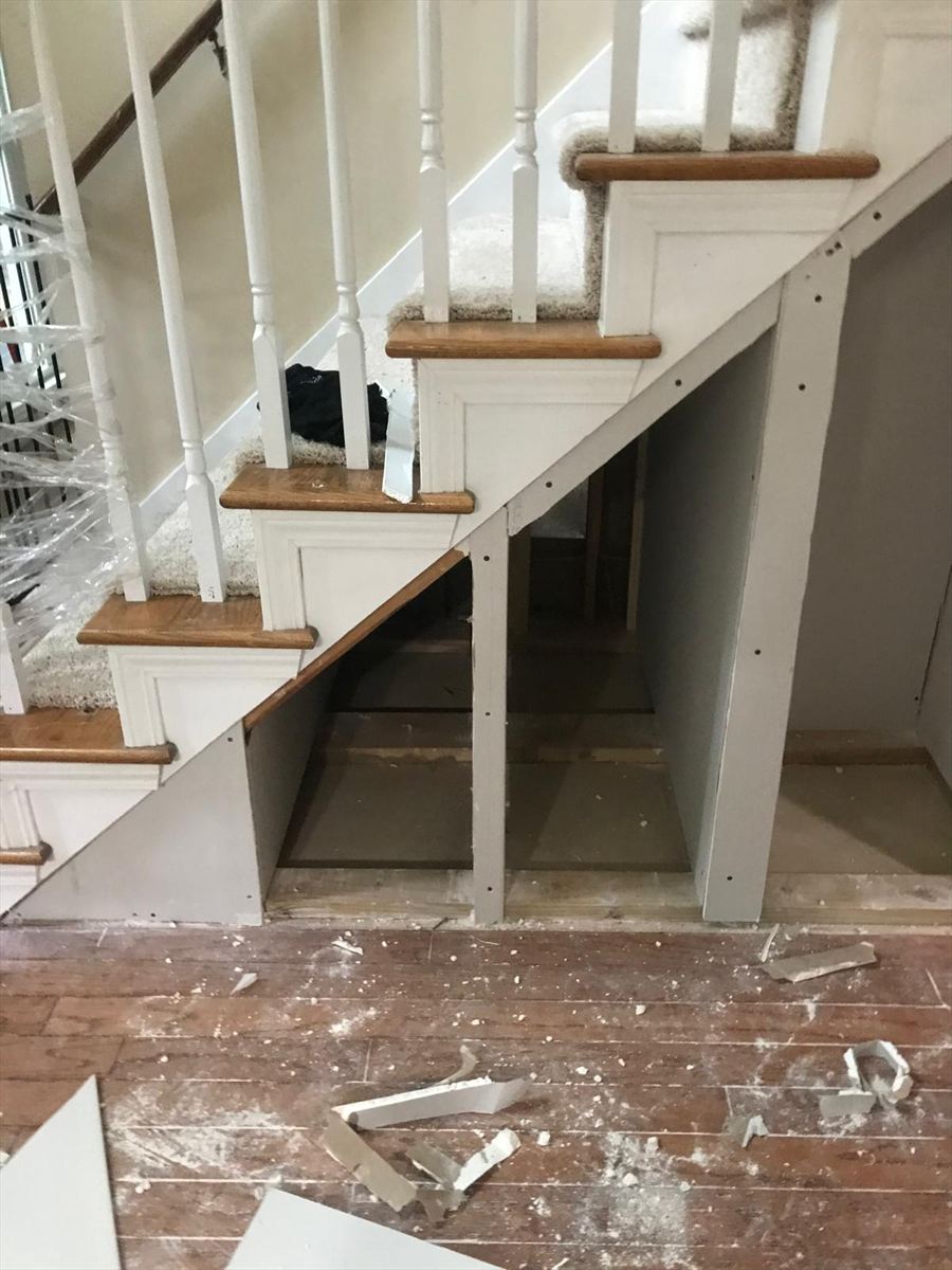 Skirt opened up and the understair space framed out