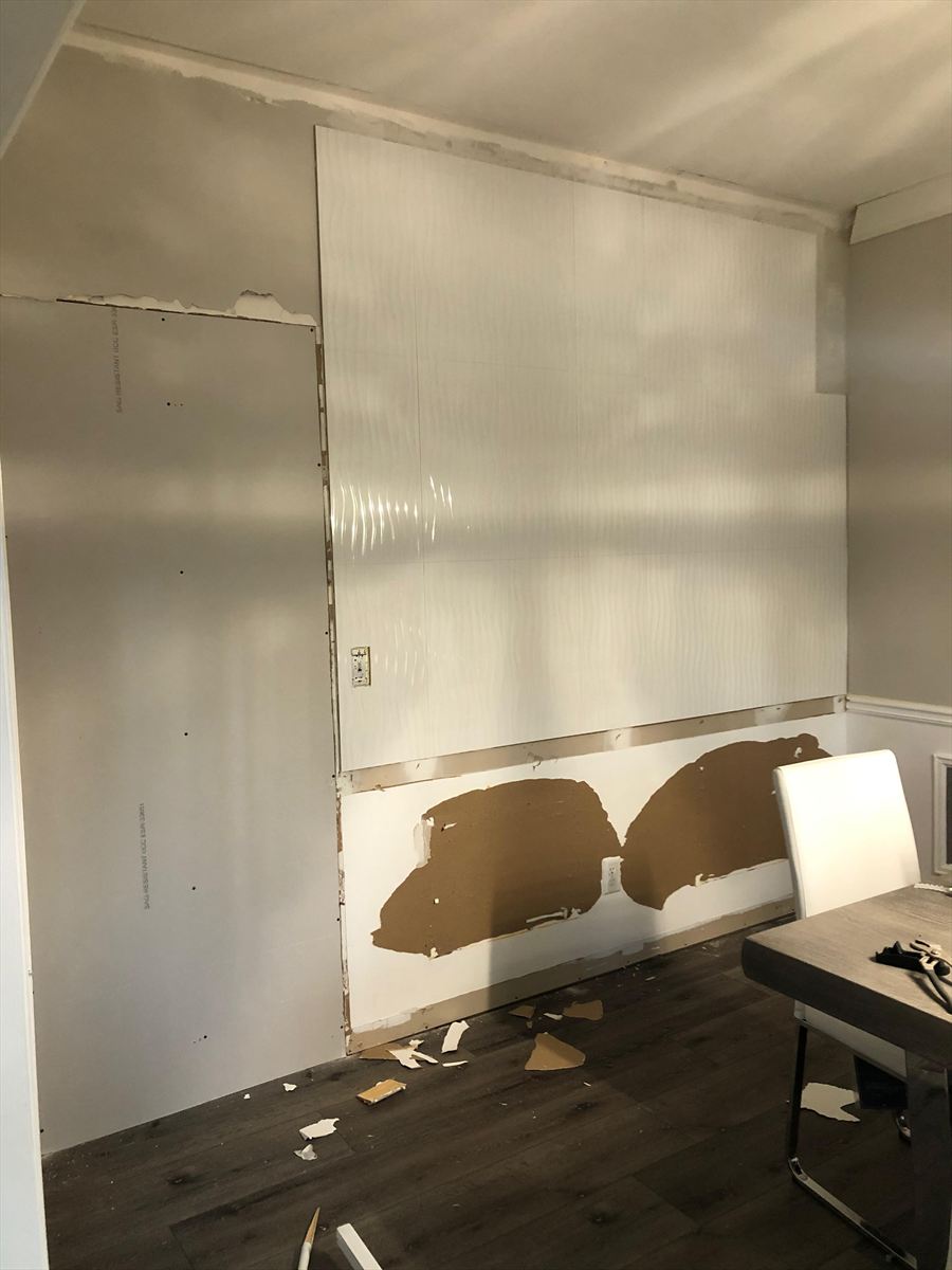 Wall stripped and new board hung, ready for tape and trim