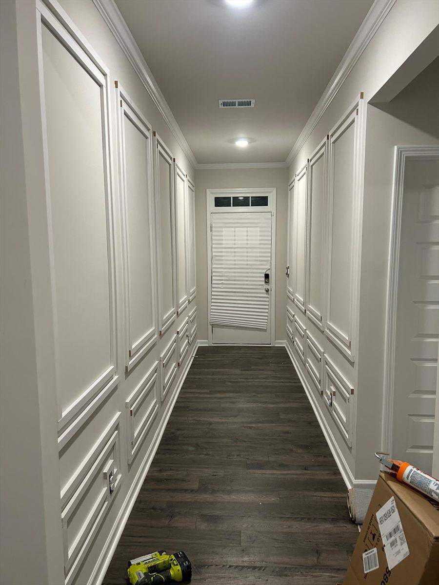 The same hallway with the moulding up and filled, before paint
