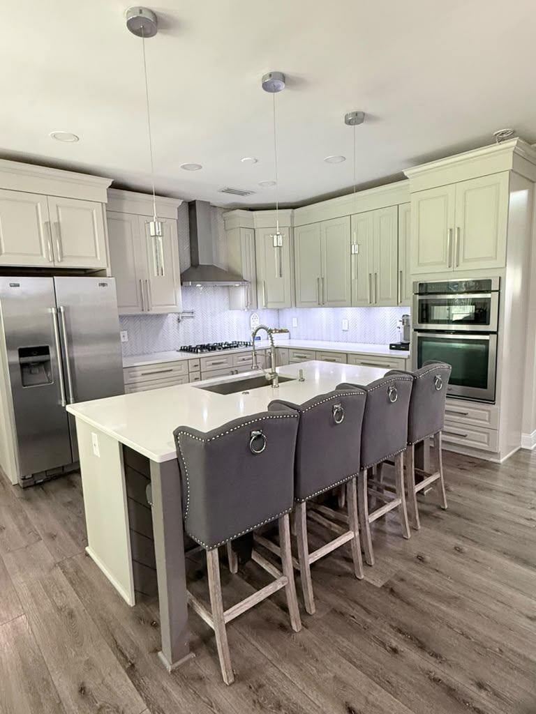 Island seating and pendant lighting