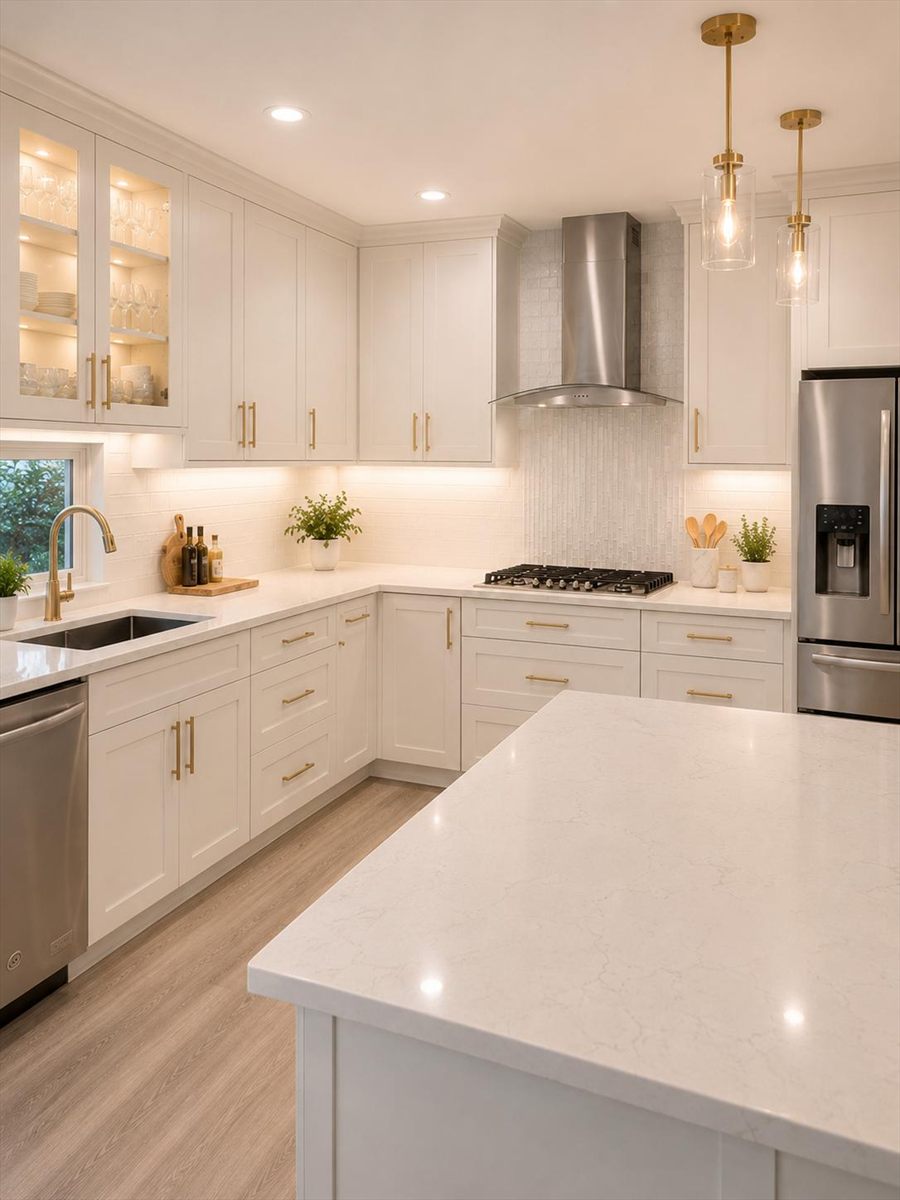 After: white shaker cabinets, brass hardware and a waterfall island