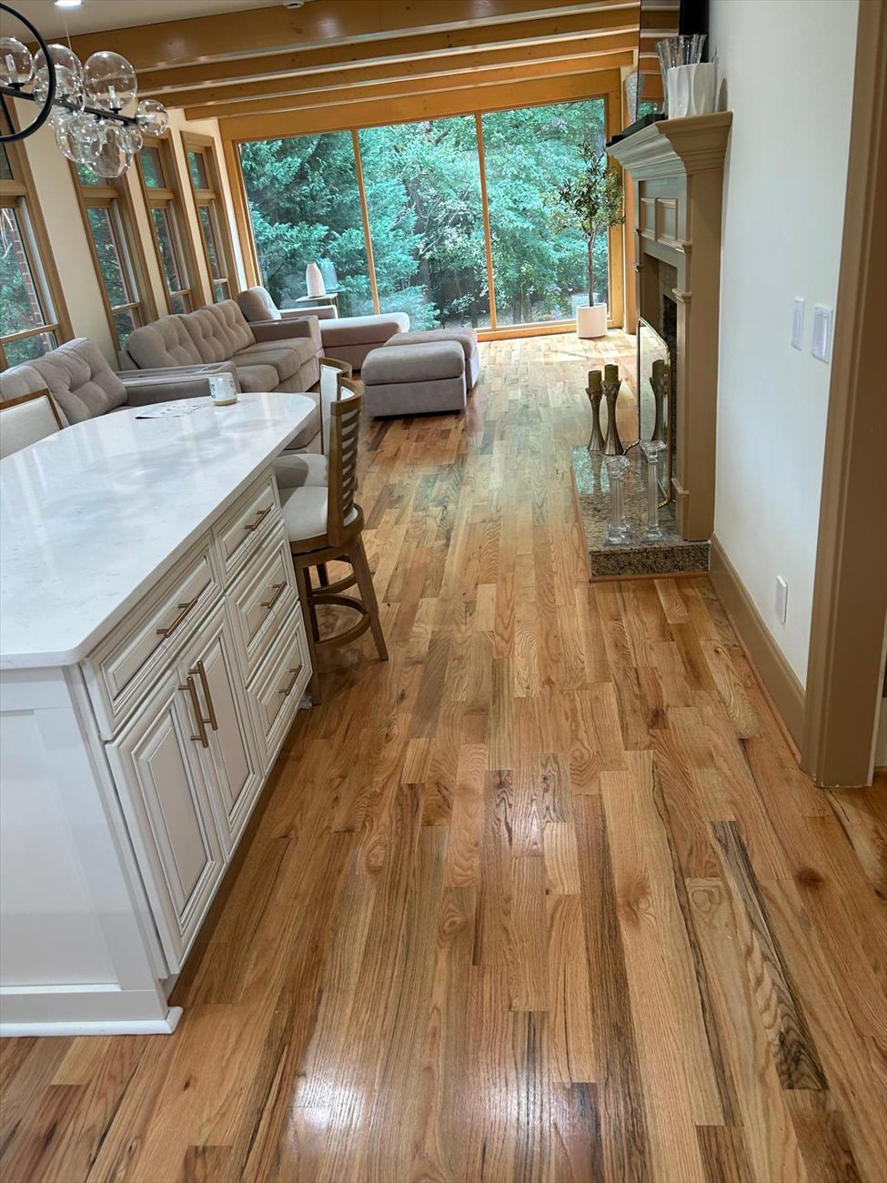 Open living and kitchen with refinished red oak and a wall of windows